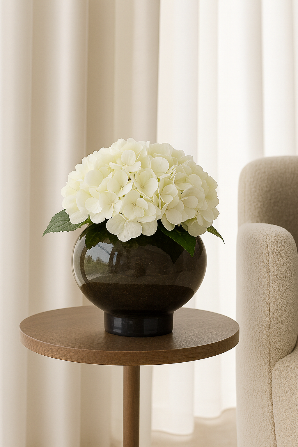 Brown Glass Vase with Hydrangea Flowers تنسيق ورد الهيدرنجيا في فازة زجاج لون بني