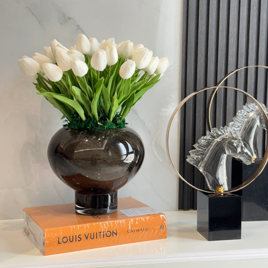 Brown Vase with Artifical Tulips