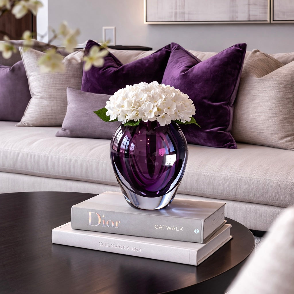Purple Ruby Vase with Hydrangea Artifical Flowers