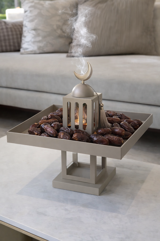 Cream Square Stand Tray with Mabkhara صينية تقديم مع مبخرة