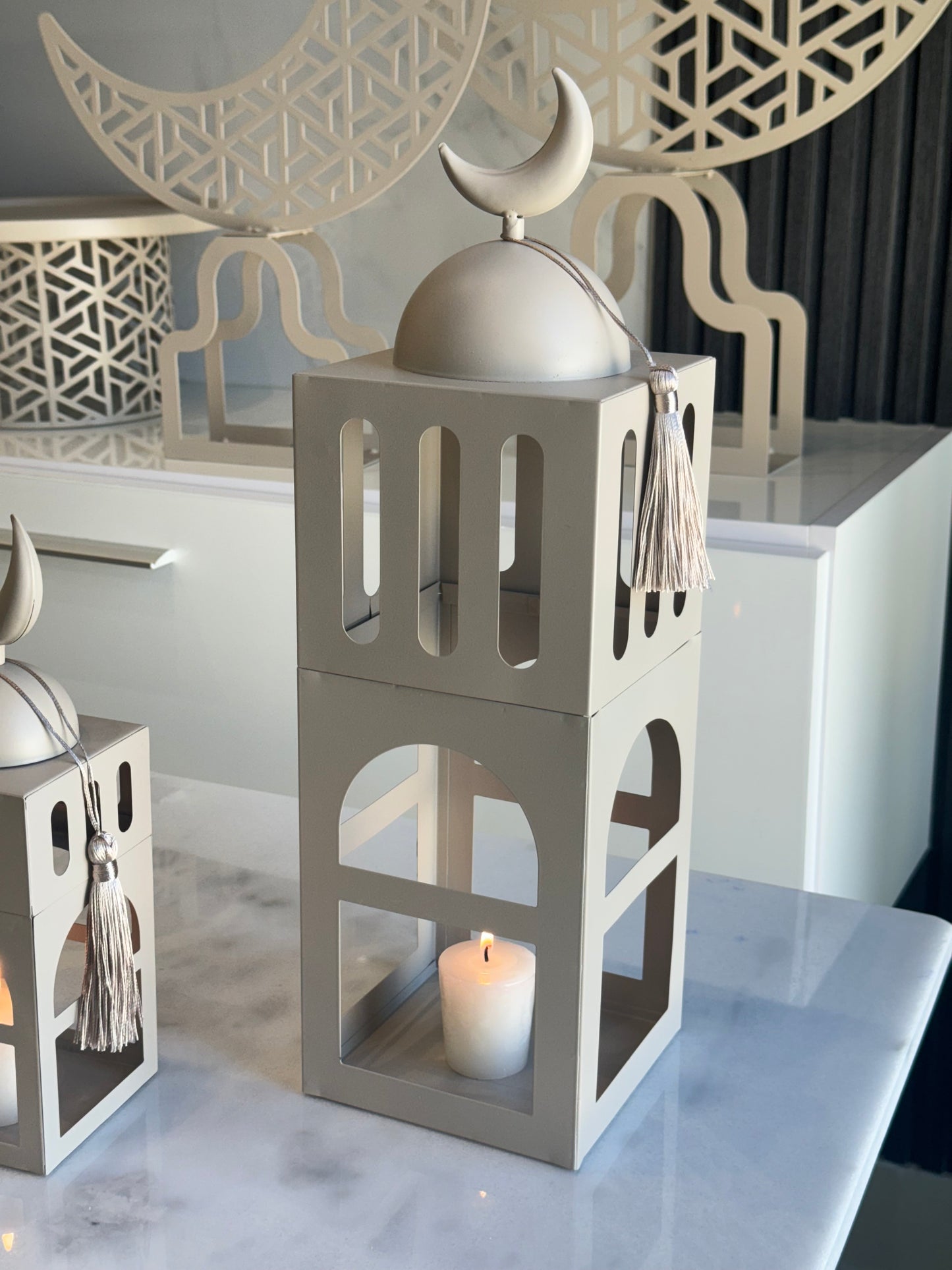 Set of Two Cream Metal Mosque Stands