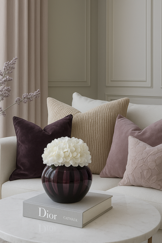 Purple Ruby Glass Vase with hydrangea artificial flowers