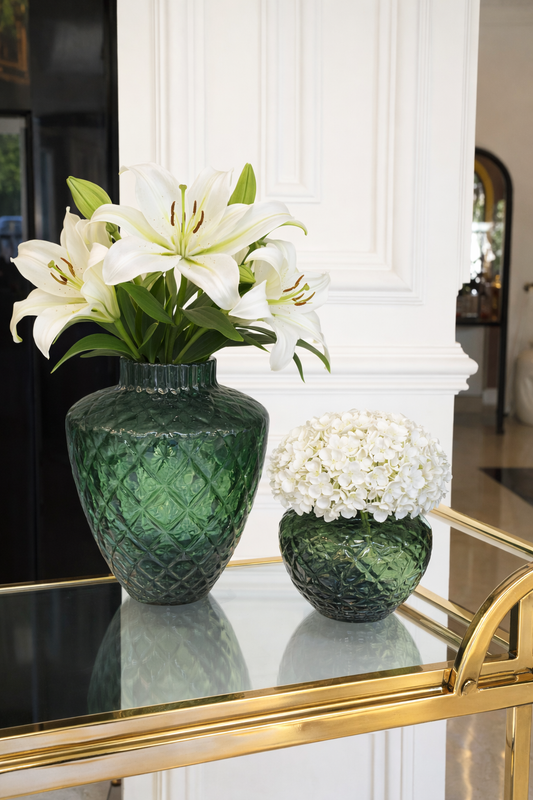 Green Glass Vase Big Size with flowers فازة زجاج لون اخضر الحجم الكبير فقط