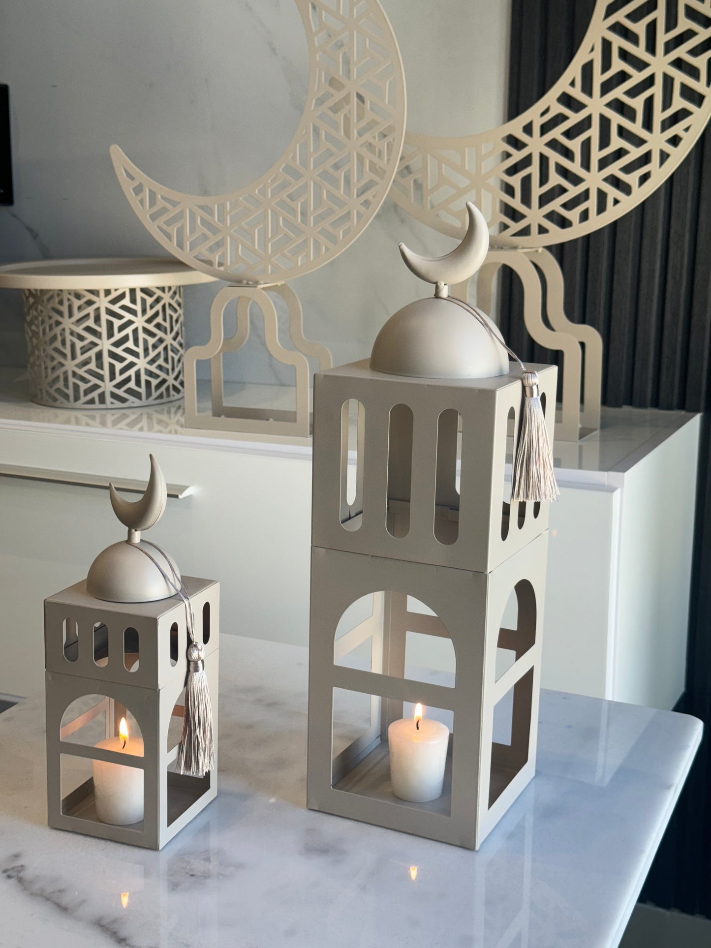 Set of Two Cream Metal Mosque Stands