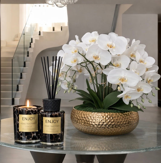 Gold Vase Orchid Arrangement فازة سيراميك لون ذهبي مع تنسيق ورد الاوركيد الاصطناعي