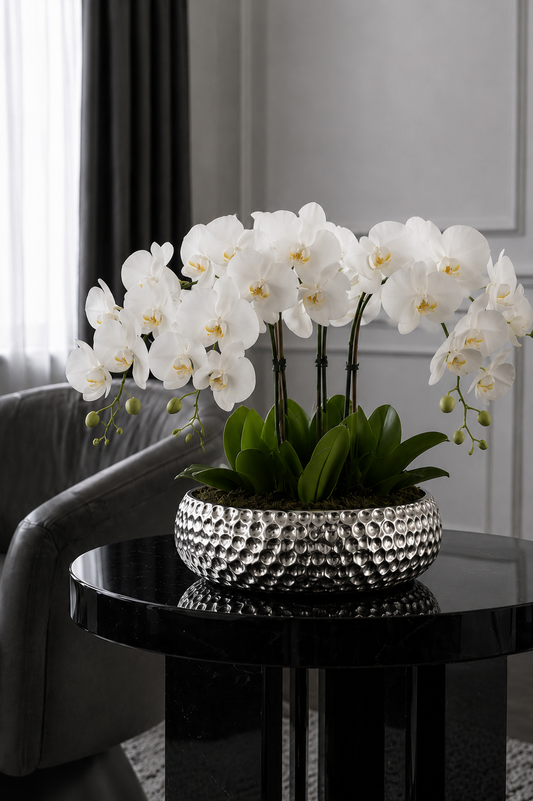 Silver Ceramic Vase with Artifical Orchids
