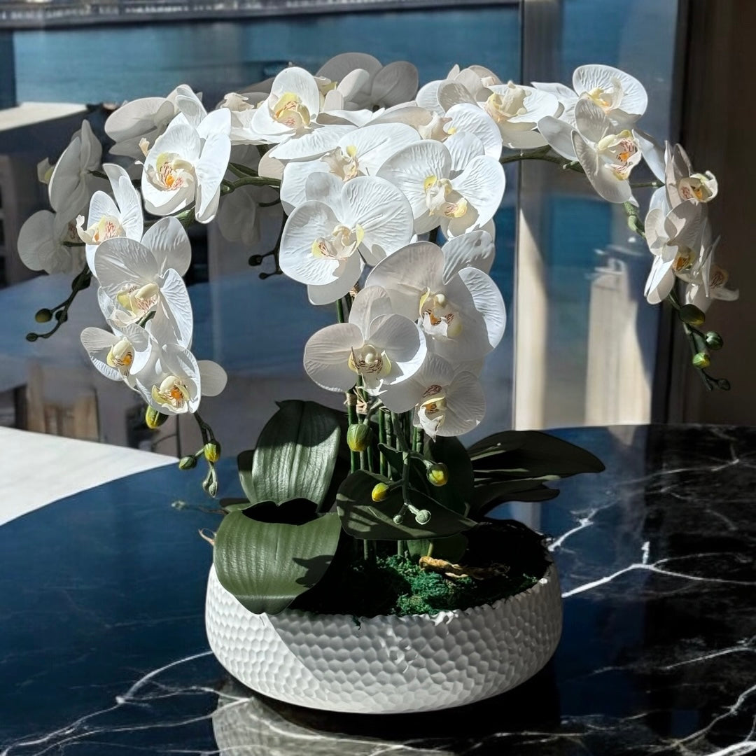 White Ceramic Vase with Artifical Orchids