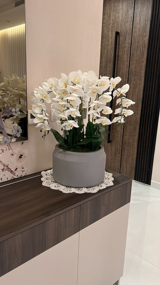 Grey Ceramic Vase with Artifical Orchids