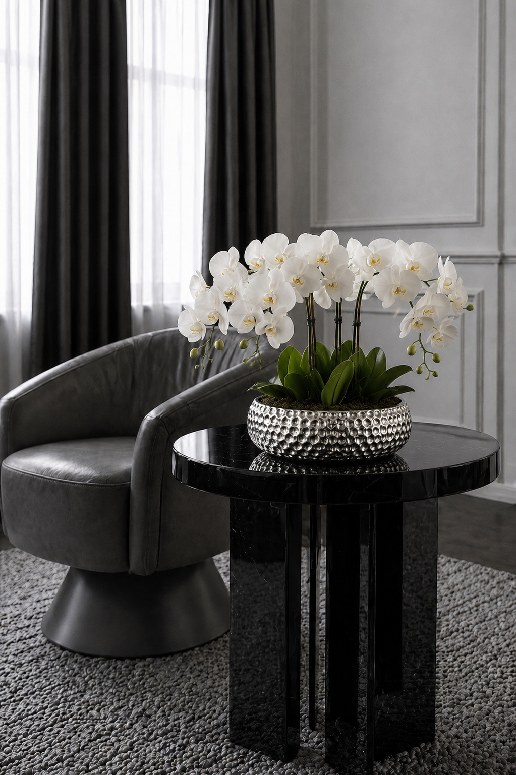 Silver Ceramic Vase with Artifical Orchids